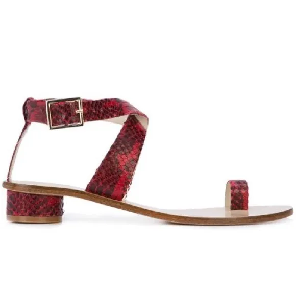 Tibi Hanson Red Snake-Effect Leather Sandals Crisscross Strap Round Kitten 39 9