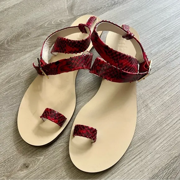 Tibi Hanson Red Snake-Effect Leather Sandals Crisscross Strap Round Kitten 39 9