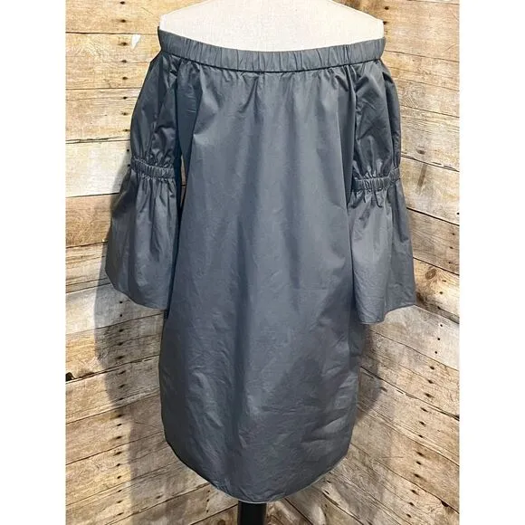TIBI OFF THE SHOULDER ABOVE KNEE POPLIN BELL SLEEVE DENALI GREEN DRESS SIZE 10