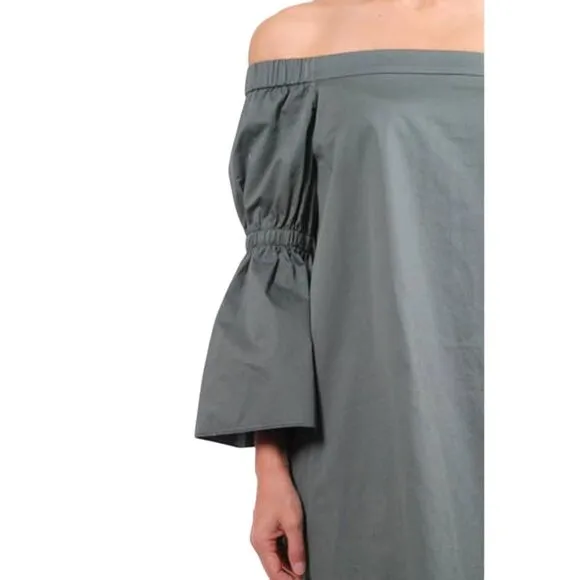 TIBI OFF THE SHOULDER ABOVE KNEE POPLIN BELL SLEEVE DENALI GREEN DRESS SIZE 10