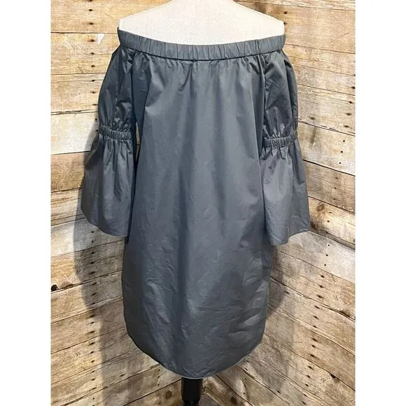 TIBI OFF THE SHOULDER ABOVE KNEE POPLIN BELL SLEEVE DENALI GREEN DRESS SIZE 10