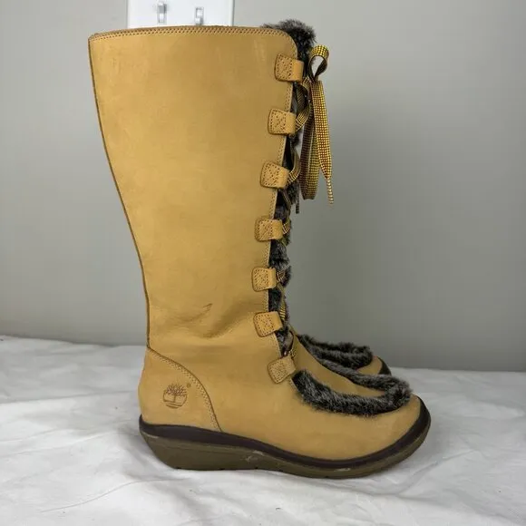 Timberland Kickadilla Womens Mid Calf Wheat Leather Tall Faux Fur Boots 7M Tan