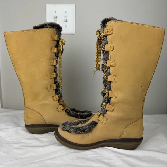 Timberland Kickadilla Womens Mid Calf Wheat Leather Tall Faux Fur Boots 7M Tan