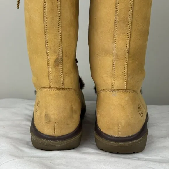 Timberland Kickadilla Womens Mid Calf Wheat Leather Tall Faux Fur Boots 7M Tan