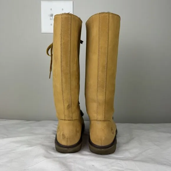 Timberland Kickadilla Womens Mid Calf Wheat Leather Tall Faux Fur Boots 7M Tan