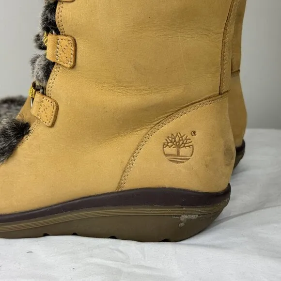 Timberland Kickadilla Womens Mid Calf Wheat Leather Tall Faux Fur Boots 7M Tan