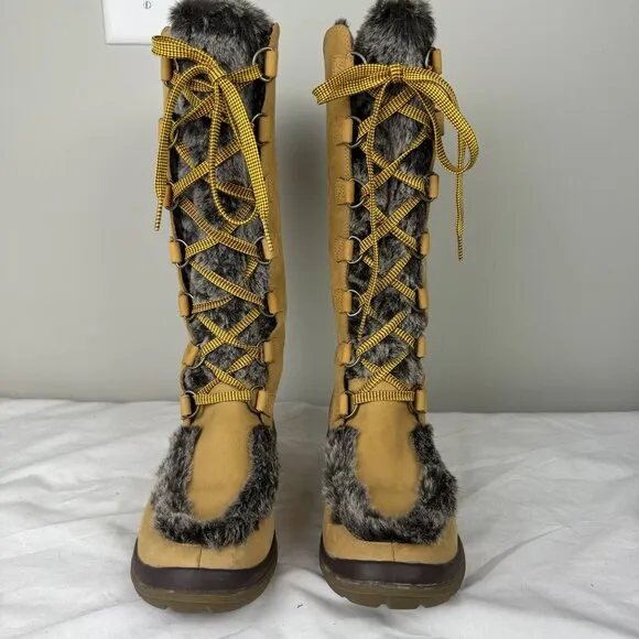 Timberland Kickadilla Womens Mid Calf Wheat Leather Tall Faux Fur Boots 7M Tan