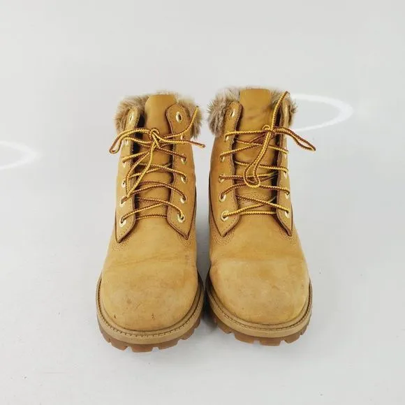 Timberland Girls Wheat Premium 6 inch Waterproof Faux Fur Winter Boots Size US 4