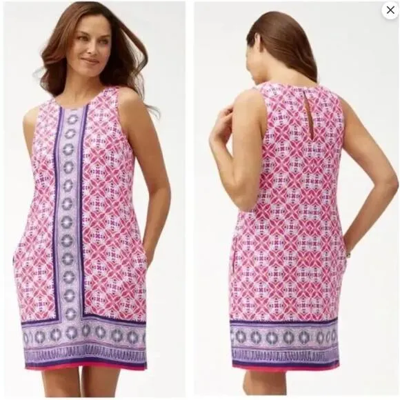 TOMMY BAHAMA Tropical Terrazza Sleeveless Linen Shift Dress Small Paradise Pink