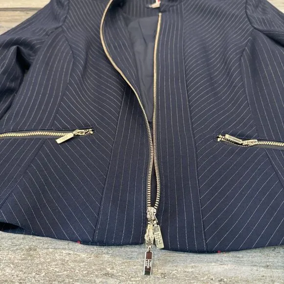 Tommy Hilfiger Pin Striped Blue Ladies Suit Jacket Zip Up Front Tailored Fit
