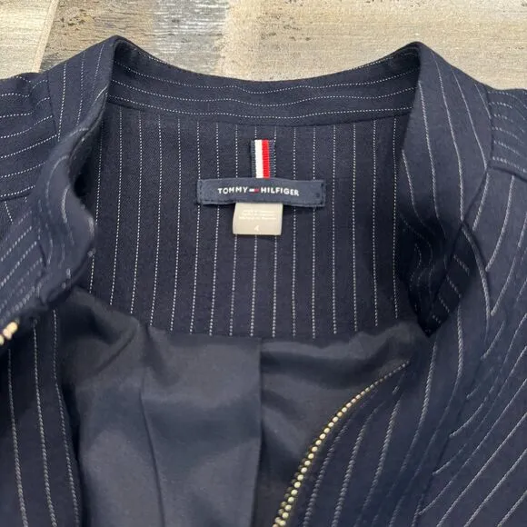 Tommy Hilfiger Pin Striped Blue Ladies Suit Jacket Zip Up Front Tailored Fit