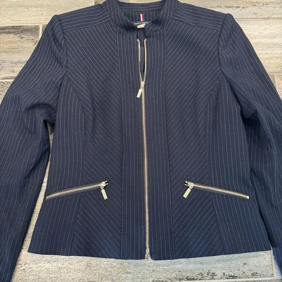 Tommy Hilfiger Pin Striped Blue Ladies Suit Jacket Zip Up Front Tailored Fit