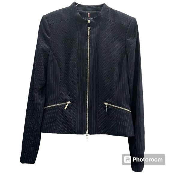 Tommy Hilfiger Pin Striped Blue Ladies Suit Jacket Zip Up Front Tailored Fit
