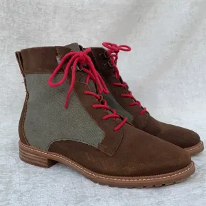 Toms Nolita Brown Suede Olive Green Canvas Hot Pink Lace Up Lug Soles Boots