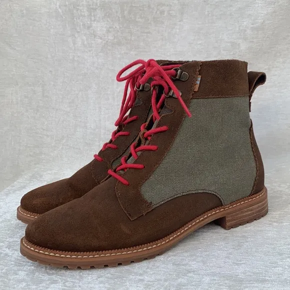 Toms Nolita Brown Suede Olive Green Canvas Hot Pink Lace Up Lug Soles Boots