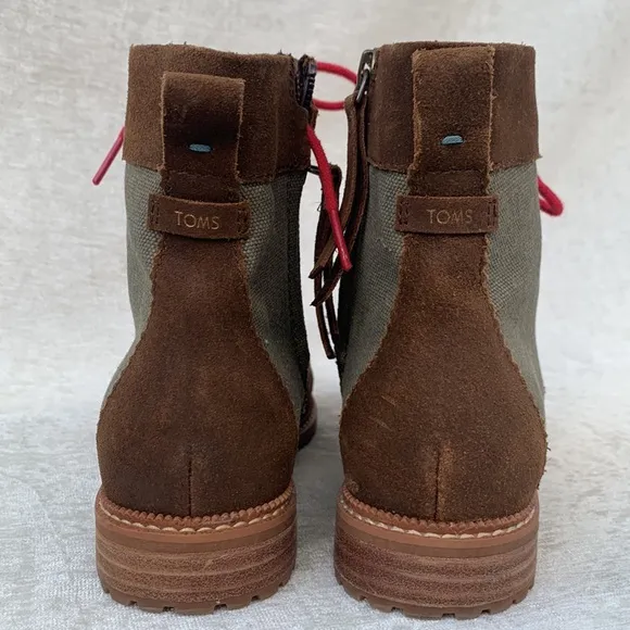 Toms Nolita Brown Suede Olive Green Canvas Hot Pink Lace Up Lug Soles Boots