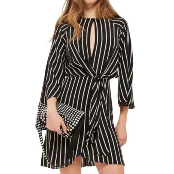 Topshop Monochrome Stripe 3/4 Sleeve Keyhole Knot Front Mini Wrap Dress Sz 2 NWT
