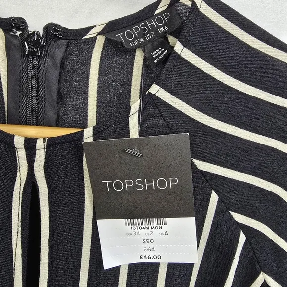Topshop Monochrome Stripe 3/4 Sleeve Keyhole Knot Front Mini Wrap Dress Sz 2 NWT