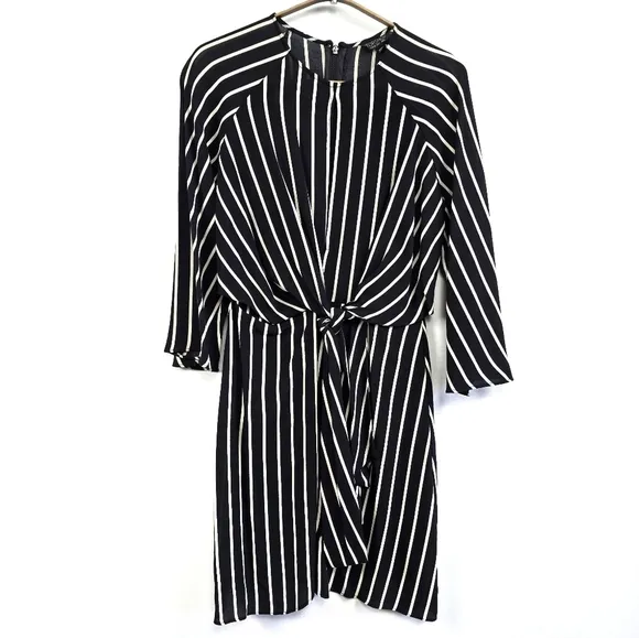 Topshop Monochrome Stripe 3/4 Sleeve Keyhole Knot Front Mini Wrap Dress Sz 2 NWT