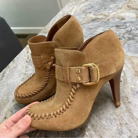 Tory Burch Belen Suede Boots Women's 5.5 M Buckle Heels Ankle Booties Brown