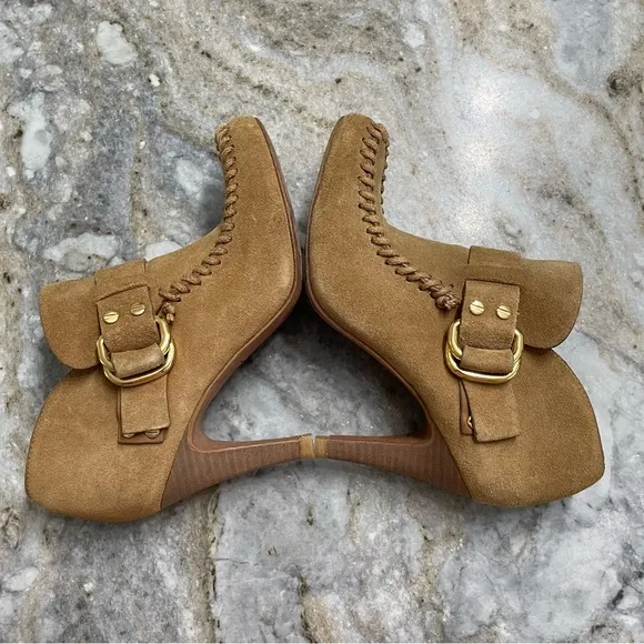 Tory Burch Belen Suede Boots Women's 5.5 M Buckle Heels Ankle Booties Brown