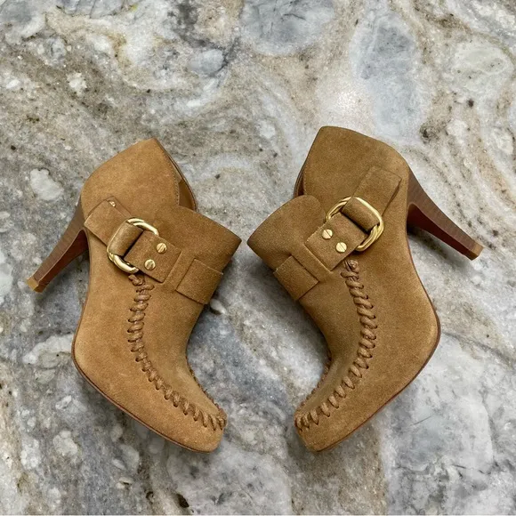 Tory Burch Belen Suede Boots Women's 5.5 M Buckle Heels Ankle Booties Brown