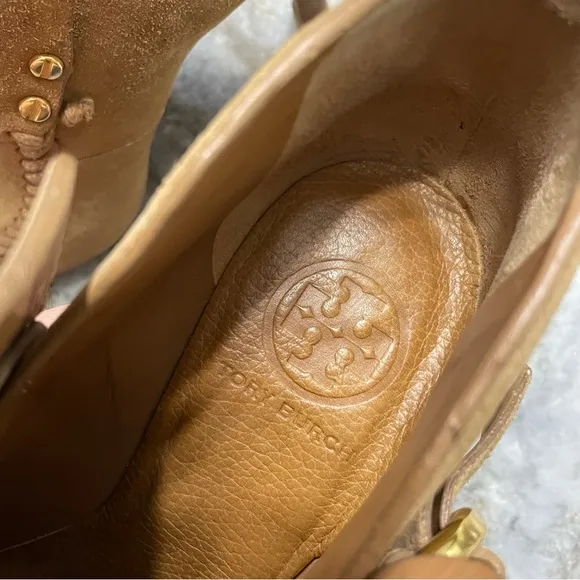 Tory Burch Belen Suede Boots Women's 5.5 M Buckle Heels Ankle Booties Brown