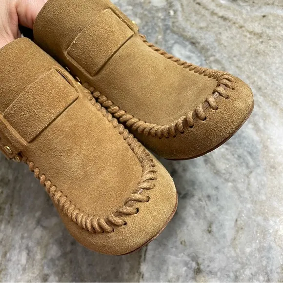 Tory Burch Belen Suede Boots Women's 5.5 M Buckle Heels Ankle Booties Brown