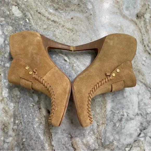 Tory Burch Belen Suede Boots Women's 5.5 M Buckle Heels Ankle Booties Brown