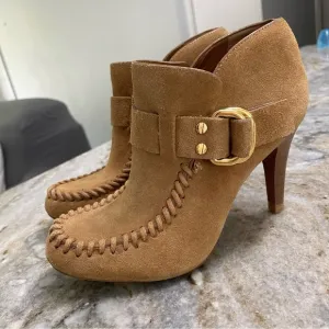 Tory Burch Belen Suede Boots Women's 5.5 M Buckle Heels Ankle Booties Brown