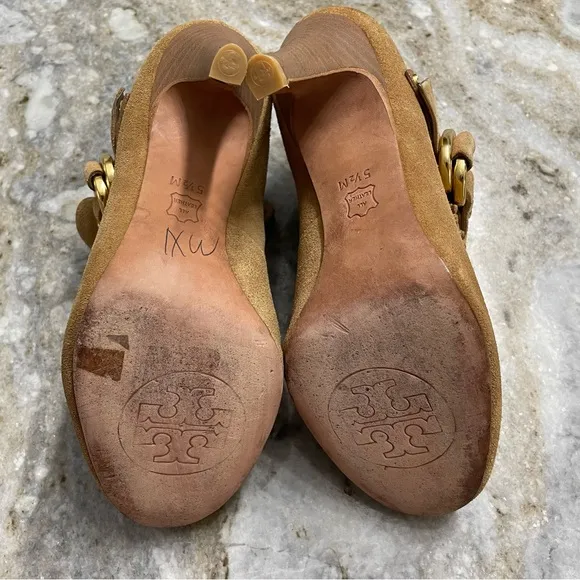 Tory Burch Belen Suede Boots Women's 5.5 M Buckle Heels Ankle Booties Brown