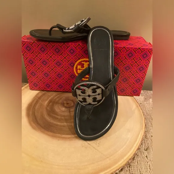 Tory Burch Black leather miller pave sandals size 6.5 Thong