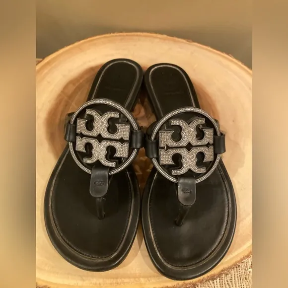 Tory Burch Black leather miller pave sandals size 6.5 Thong