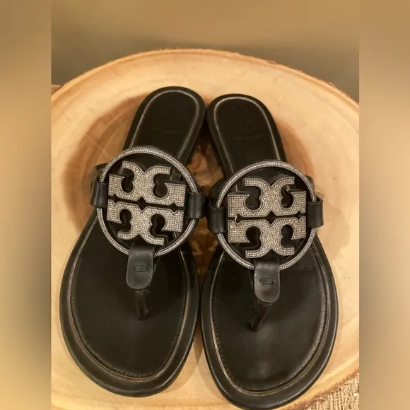 Tory Burch Black leather miller pave sandals size 6.5 Thong