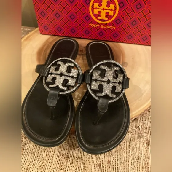 Tory Burch Black leather miller pave sandals size 6.5 Thong