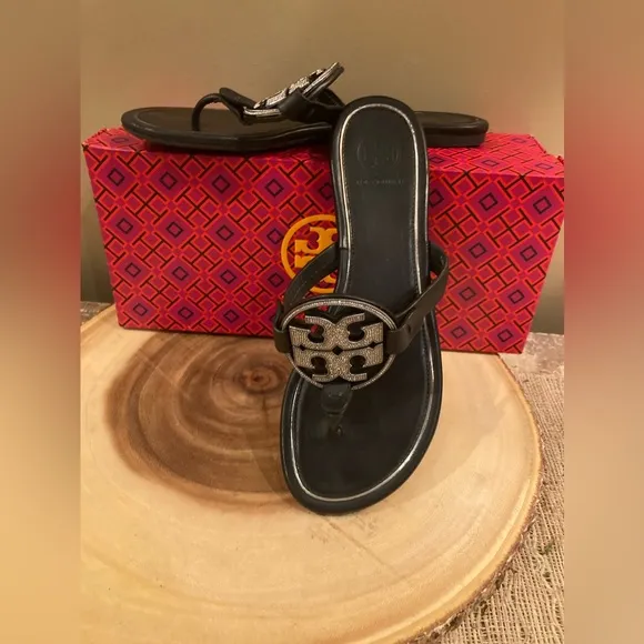 Tory Burch Black leather miller pave sandals size 6.5 Thong