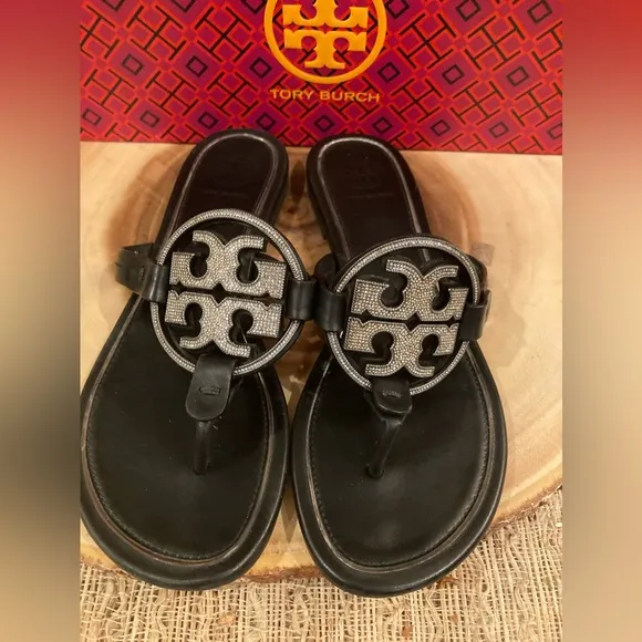 Tory Burch Black leather miller pave sandals size 6.5 Thong