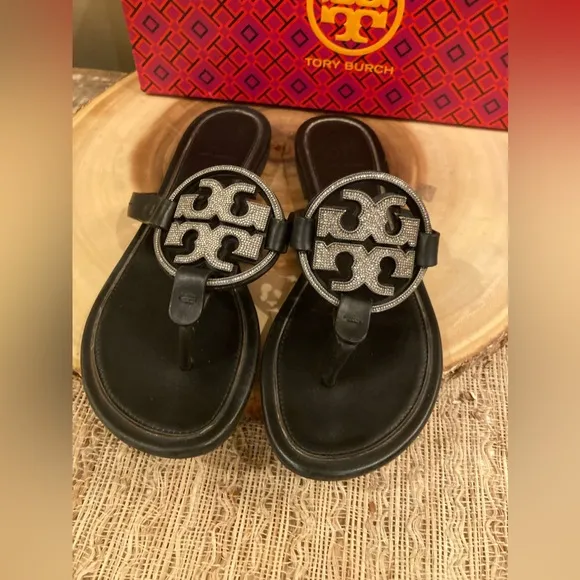 Tory Burch Black leather miller pave sandals size 6.5 Thong
