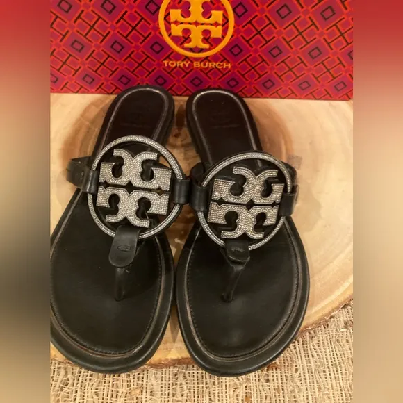 Tory Burch Black leather miller pave sandals size 6.5 Thong