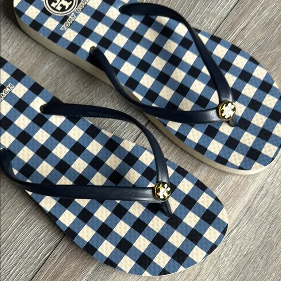 Tory Burch Blue and White Checkered Sandals