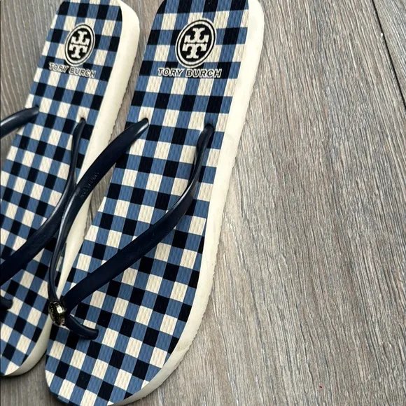 Tory Burch Blue and White Checkered Sandals