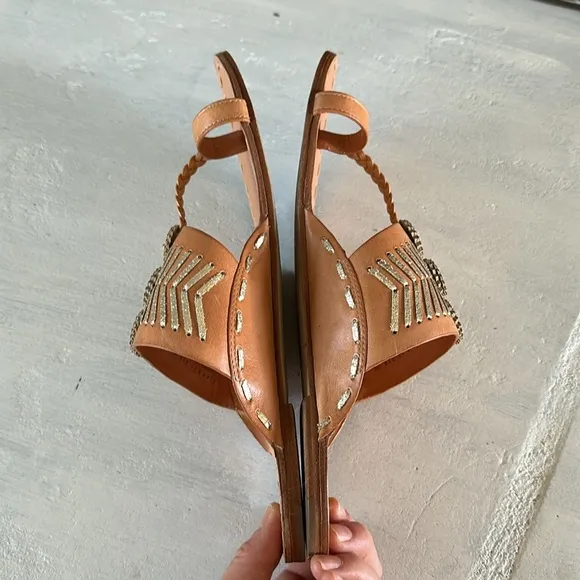 Tory Burch Canyon Flat Woven Sandal Metallic Leather in Camello Spark Gold Sz 9