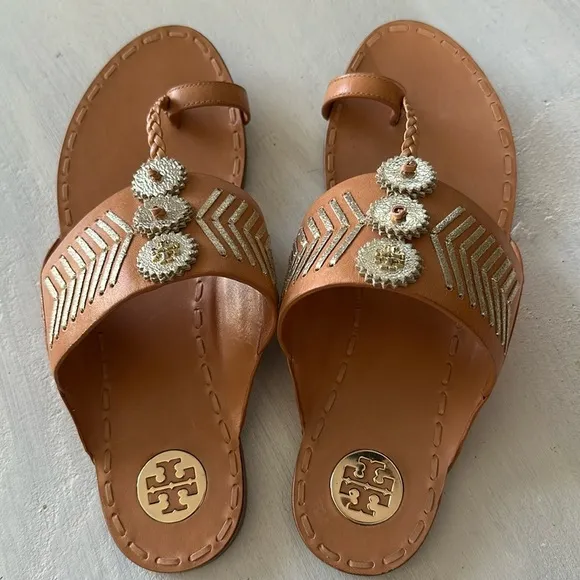 Tory Burch Canyon Flat Woven Sandal Metallic Leather in Camello Spark Gold Sz 9