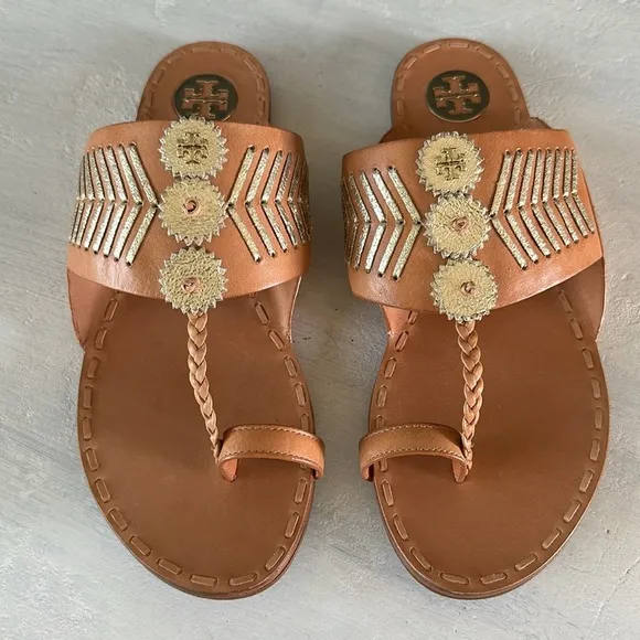 Tory Burch Canyon Flat Woven Sandal Metallic Leather in Camello Spark Gold Sz 9