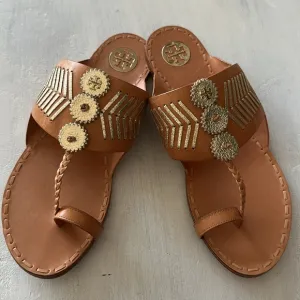 Tory Burch Canyon Flat Woven Sandal Metallic Leather in Camello Spark Gold Sz 9