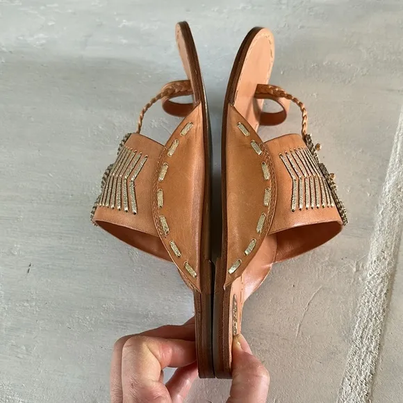 Tory Burch Canyon Flat Woven Sandal Metallic Leather in Camello Spark Gold Sz 9