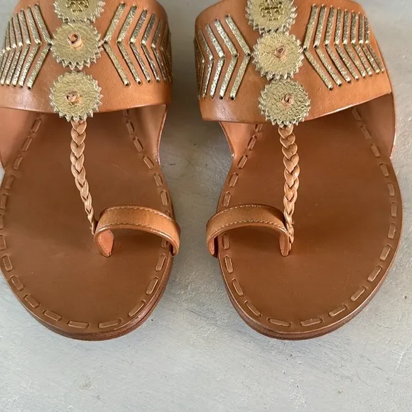 Tory Burch Canyon Flat Woven Sandal Metallic Leather in Camello Spark Gold Sz 9