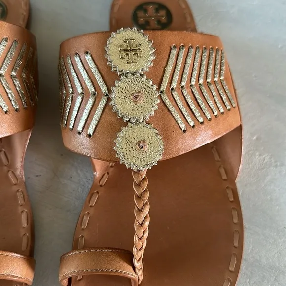 Tory Burch Canyon Flat Woven Sandal Metallic Leather in Camello Spark Gold Sz 9