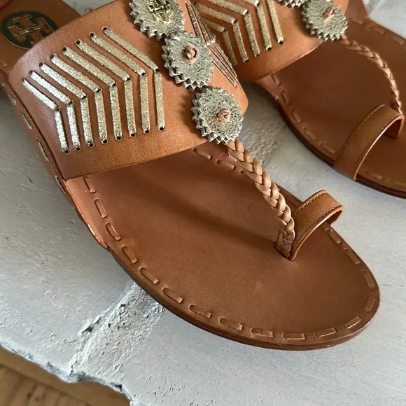 Tory Burch Canyon Flat Woven Sandal Metallic Leather in Camello Spark Gold Sz 9
