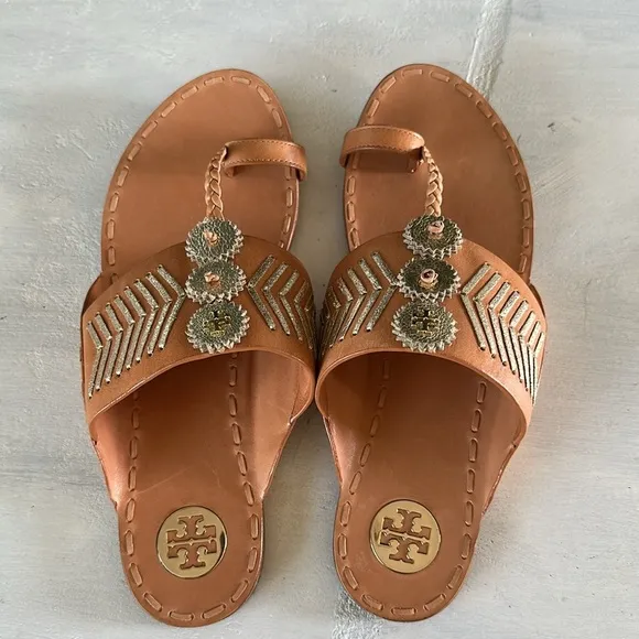 Tory Burch Canyon Flat Woven Sandal Metallic Leather in Camello Spark Gold Sz 9